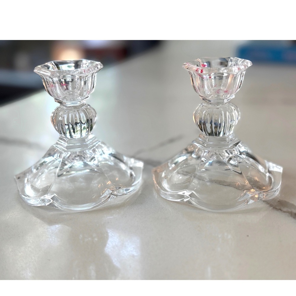 Vintage Gorham Style Crystal Clear Glass Taper Candlestick Holder Pair Gotham